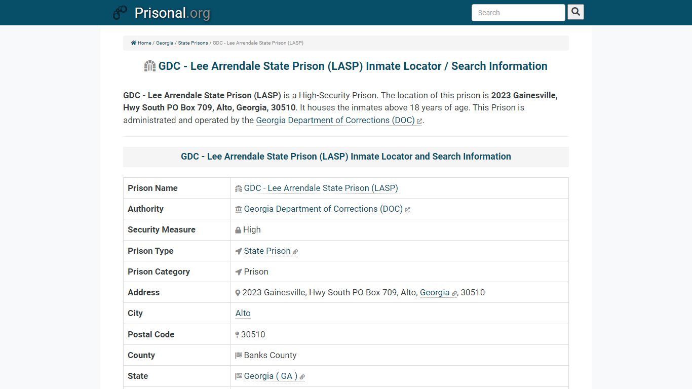 GDC - Lee Arrendale State Prison (LASP)-Inmate Locator ...